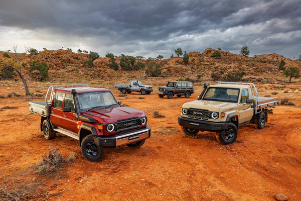 Toyota LandCruiser 70 Series range: 79 Series dual cab and single cab with 76 Series wagon and 78 Series Troopcarrier in the outback