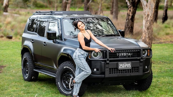 Black Toyota LC250 Prado built by PVS Automotive with LMCT+, bull bar, roof rack and all-terrain tyres