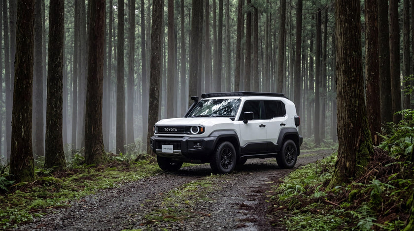 Render of the Toyota Land Cruiser FJ on a gravel forestry track in cedar forest