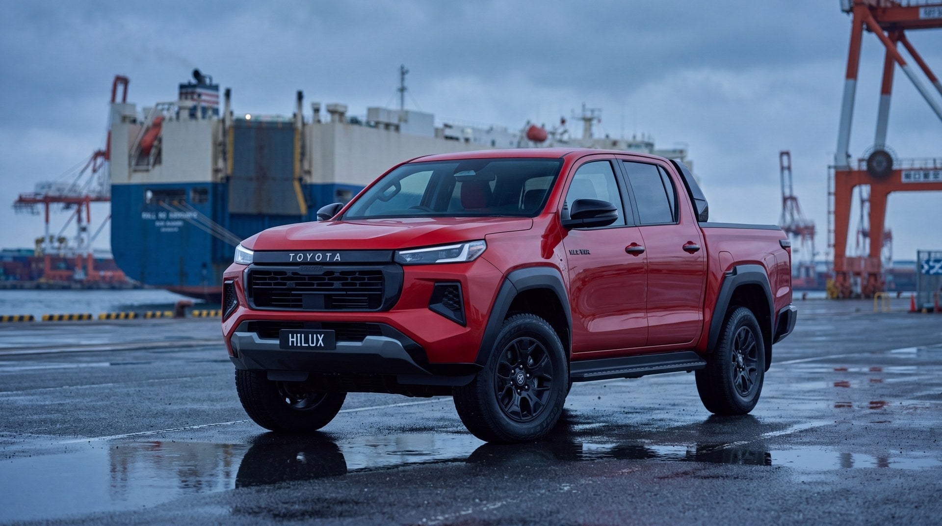 Render of the 2026 Toyota Hilux dual cab at a Japanese port at dawn