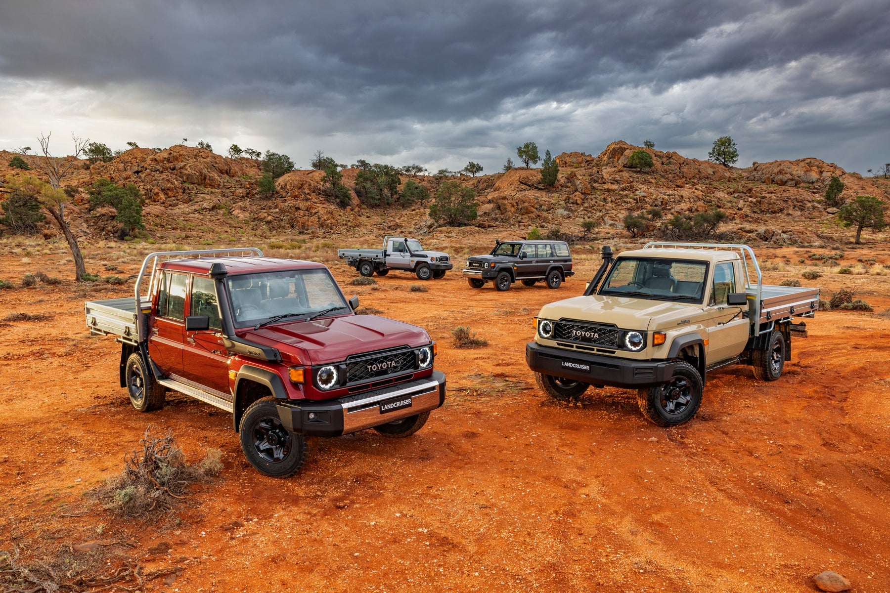 Toyota LandCruiser 70 Series range: 79 Series dual cab and single cab with 76 Series wagon and 78 Series Troopcarrier in the outback