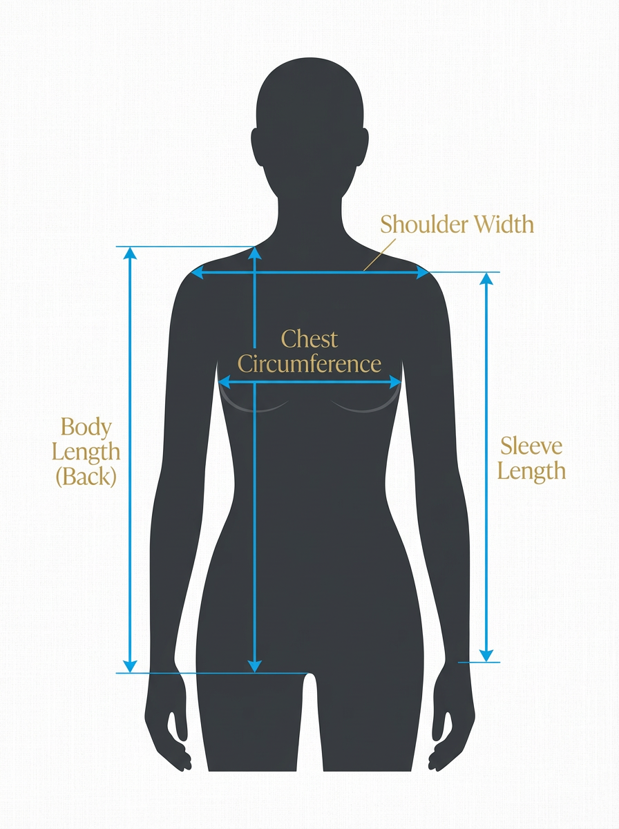 Female measurement guide: body length (back), chest circumference, shoulder width and sleeve length
