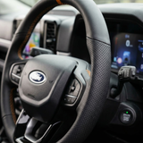 Sports Black Leather With Perforated Sides (Heated) Raptor Style Steering Wheel to suit Ford Ranger PX4 close-up detail | PVS Automotive