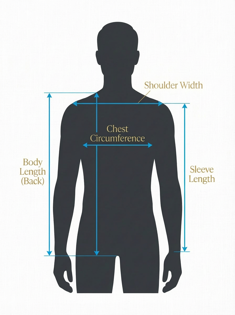 Male measurement guide: body length (back), chest circumference, shoulder width and sleeve length